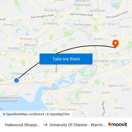 Halewood Shopping Centre to University Of Chester - Warrington Campus map