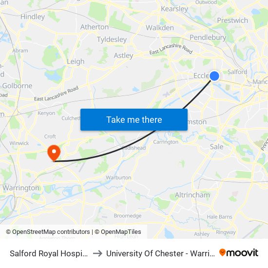 Salford Royal Hospital (Stop G) to University Of Chester - Warrington Campus map