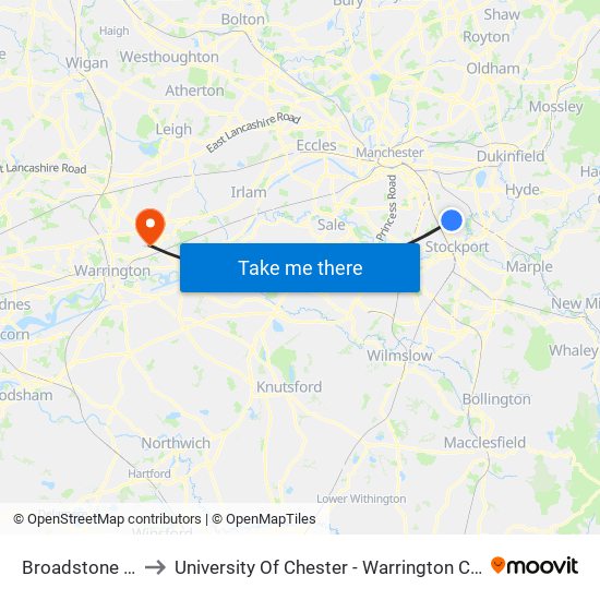 Broadstone Mill to University Of Chester - Warrington Campus map