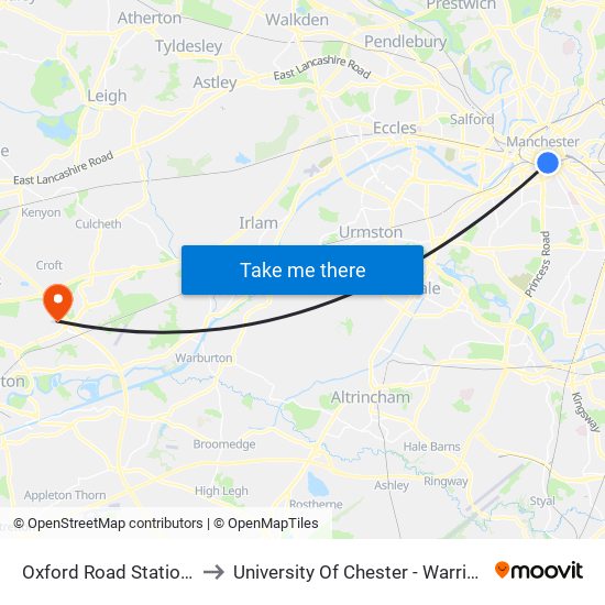 Oxford Road Station (Stop A) to University Of Chester - Warrington Campus map