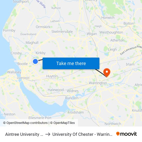 Aintree University Hospital to University Of Chester - Warrington Campus map