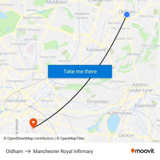 Manchester Royal Infirmary Map Oldham, Oldham To Manchester Royal Infirmary, Manchester With Public  Transportation