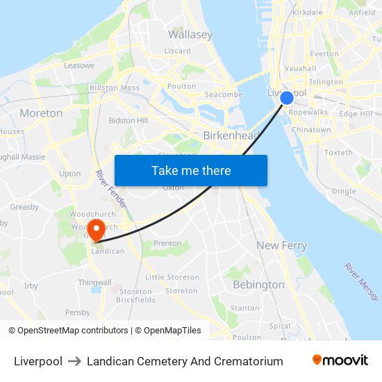 Liverpool to Landican Cemetery And Crematorium map