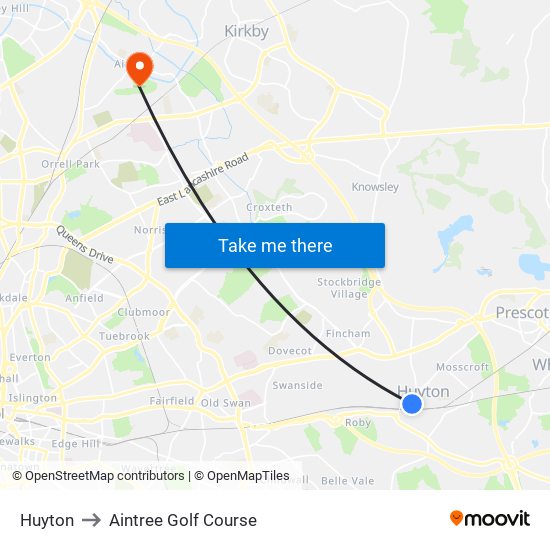 Huyton to Aintree Golf Course map