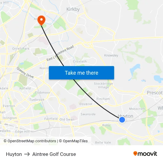 Huyton to Aintree Golf Course map