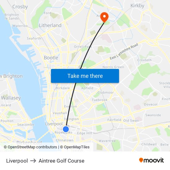 Liverpool to Aintree Golf Course map