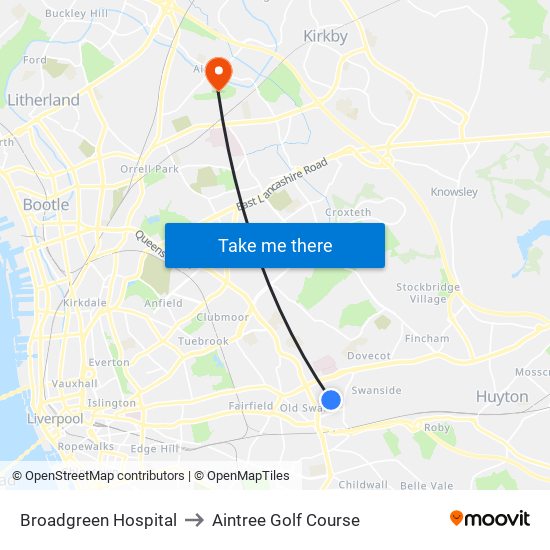 Broadgreen Hospital to Aintree Golf Course map