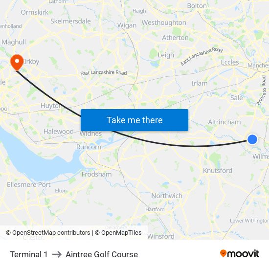 Terminal 1 to Aintree Golf Course map