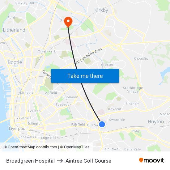 Broadgreen Hospital to Aintree Golf Course map