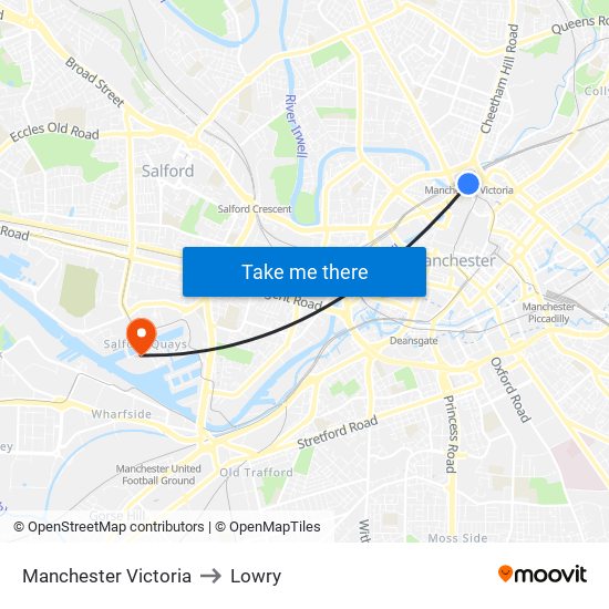 Manchester Victoria to Lowry map