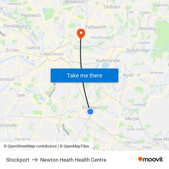 Stockport to Newton Heath Health Centre map