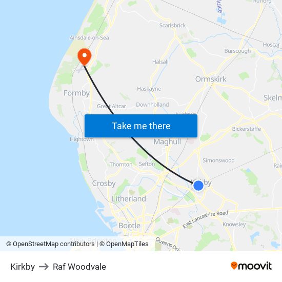 Kirkby to Raf Woodvale map