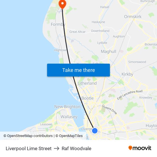 Liverpool Lime Street to Raf Woodvale map