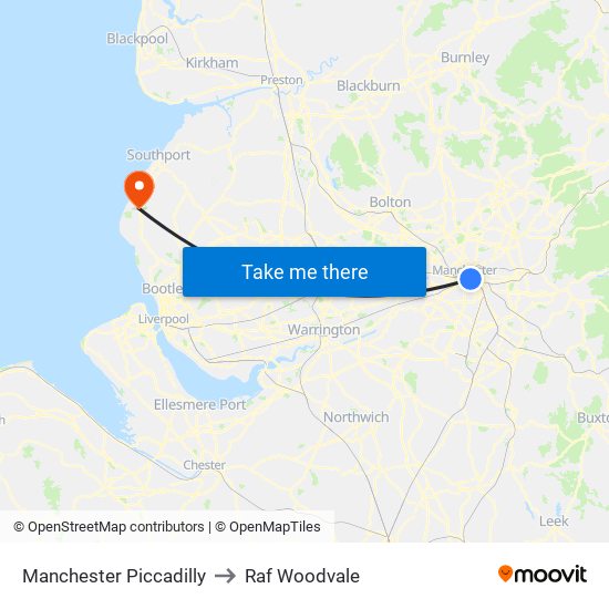Manchester Piccadilly to Raf Woodvale map