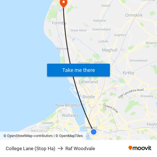 College Lane (Stop Ha) to Raf Woodvale map