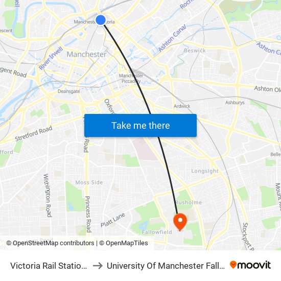 Victoria Rail Station (Stop Nu) to University Of Manchester Fallowfield Campus map
