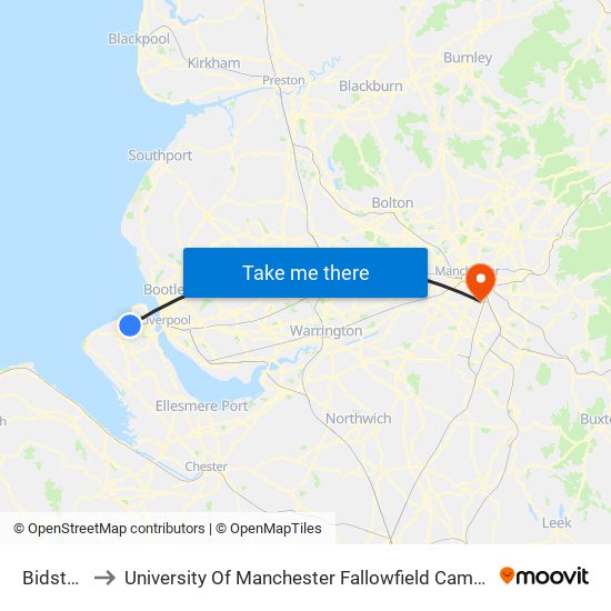 Bidston to University Of Manchester Fallowfield Campus map