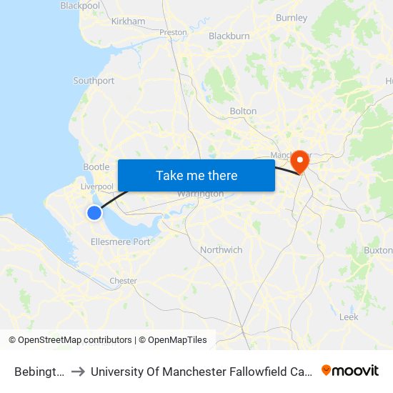 Bebington to University Of Manchester Fallowfield Campus map