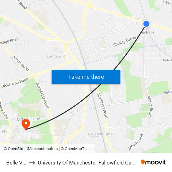 Belle Vue to University Of Manchester Fallowfield Campus map