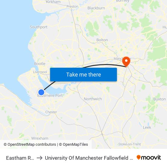 Eastham Rake to University Of Manchester Fallowfield Campus map