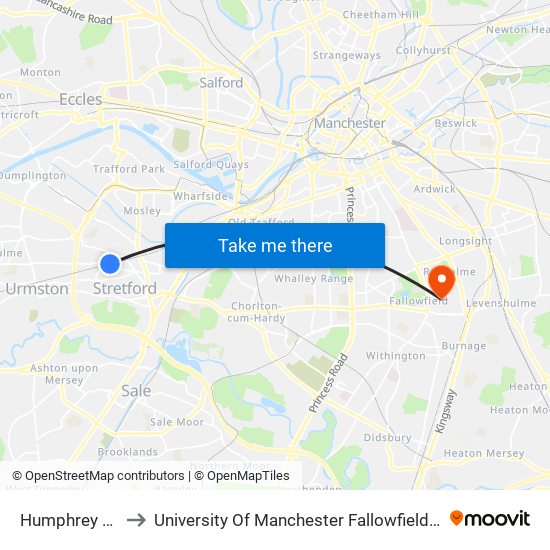 Humphrey Park to University Of Manchester Fallowfield Campus map