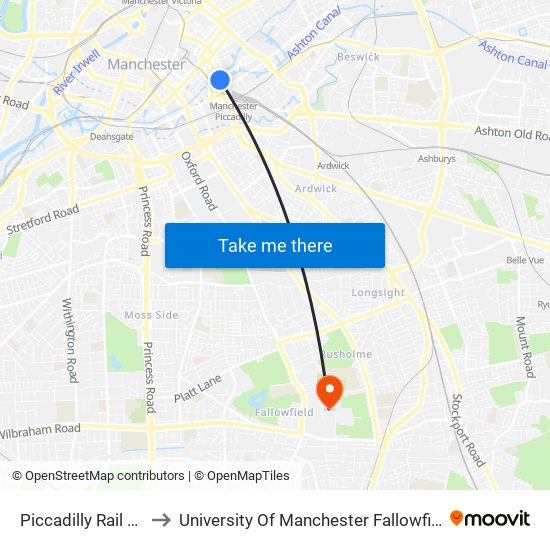 Piccadilly Rail Station to University Of Manchester Fallowfield Campus map