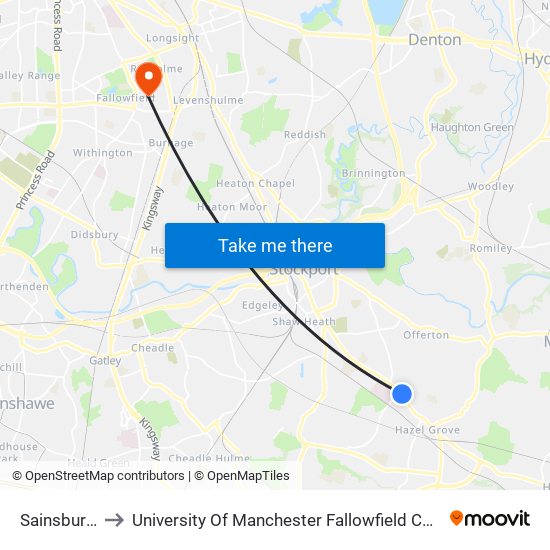 Sainsbury's to University Of Manchester Fallowfield Campus map