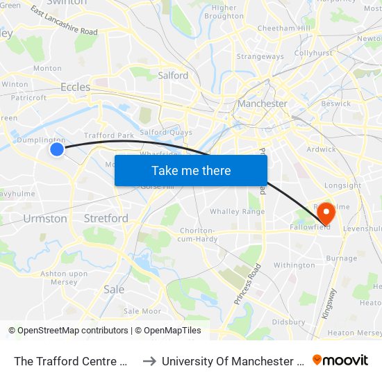 The Trafford Centre Metrolink (Stop A) to University Of Manchester Fallowfield Campus map