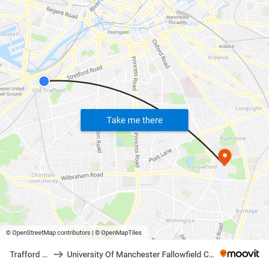 Trafford Bar to University Of Manchester Fallowfield Campus map