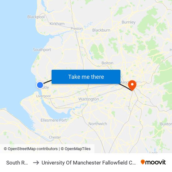 South Road to University Of Manchester Fallowfield Campus map