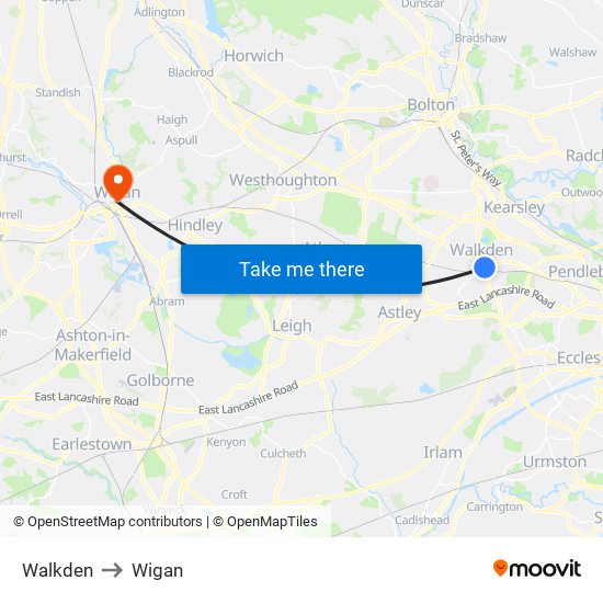Walkden to Wigan map