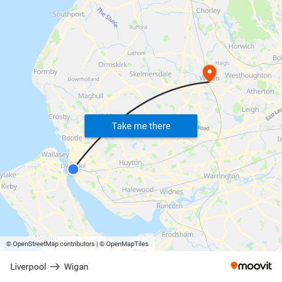 Liverpool to Wigan map