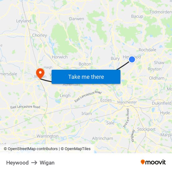 Heywood to Wigan map