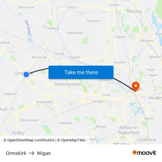 Ormskirk to Wigan map