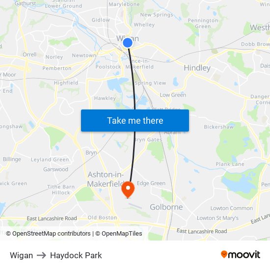 Wigan to Haydock Park map