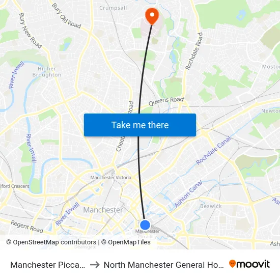 Manchester Piccadilly to North Manchester General Hospital map