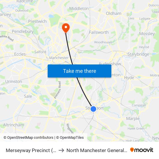 Merseyway Precinct (Stop D) to North Manchester General Hospital map