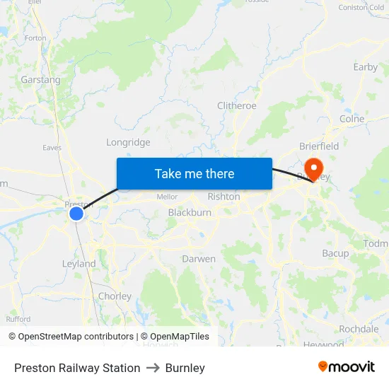Preston Railway Station to Burnley map
