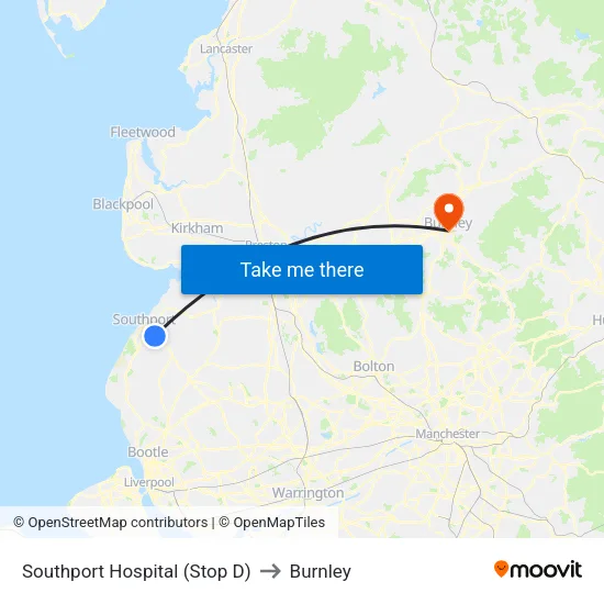 Southport Hospital to Burnley map