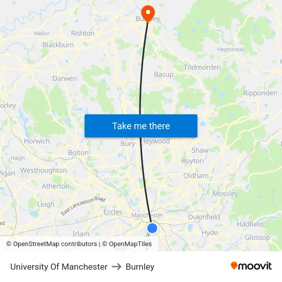 University Of Manchester to Burnley map