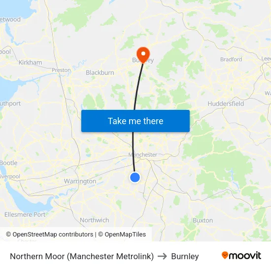 Northern Moor (Manchester Metrolink) to Burnley map