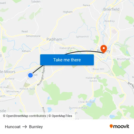Huncoat to Burnley map