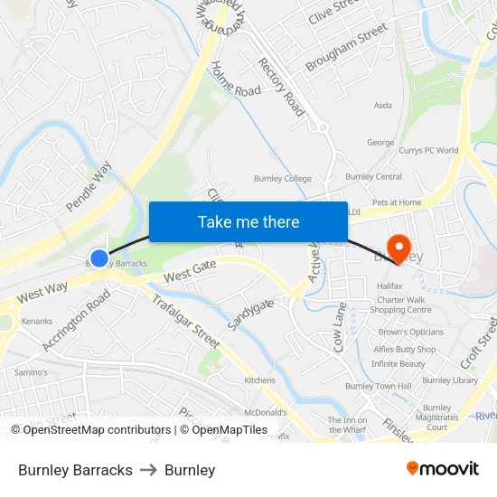 Burnley Barracks to Burnley map