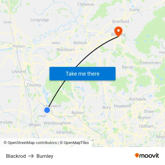 Blackrod to Burnley map