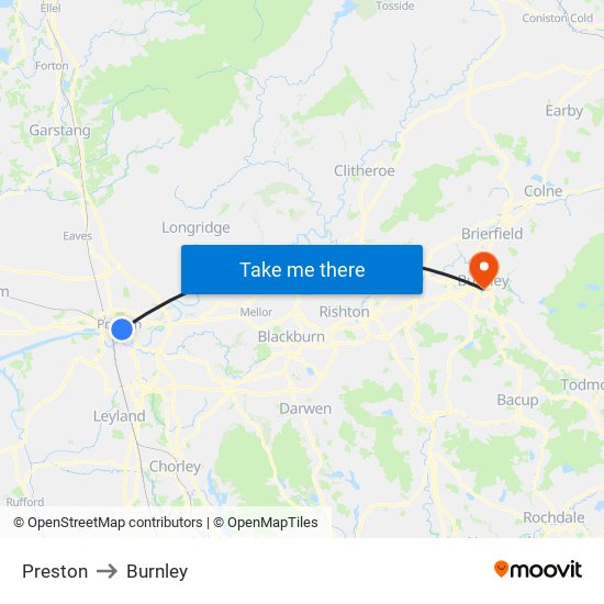 Preston to Burnley map