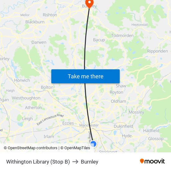 Withington Library (Stop B) to Burnley map