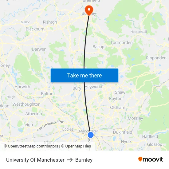 University Of Manchester to Burnley map
