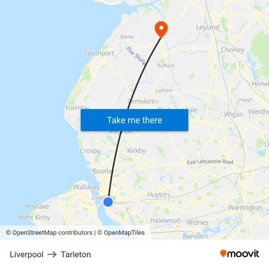 Liverpool to Tarleton map