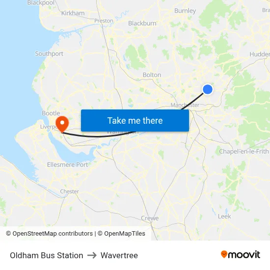 Oldham Bus Station to Wavertree map