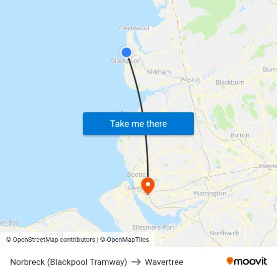 Norbreck (Blackpool Tramway) to Wavertree map